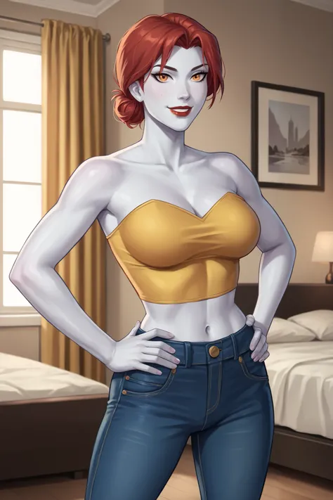 PonyXLV6_Scores BREAK (perfect anatomy, perfect eyes), BREAK mgann morzz, low bun hair, red hair, colored skin, frost white skin, orange eyes, makeup, dark red lipstick, ((looking at viewer)), superhero, dark yellow tube top, dark yellow jeans, curvy, athl...