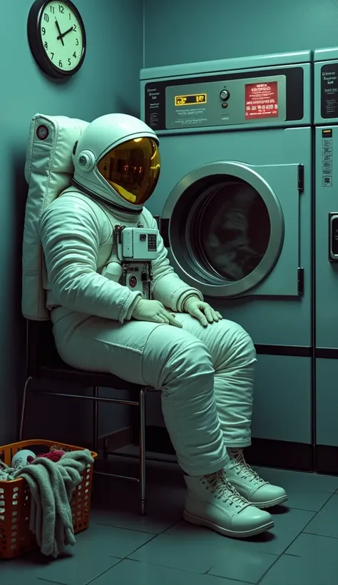 "An astronaut sitting in a self-service laundry, waiting patiently while his bulky space suit rotates inside an industrial washing machine. The reflection of the blinking neons in the laundry room is distorted in the visor of his helmet. At your side, a ba...