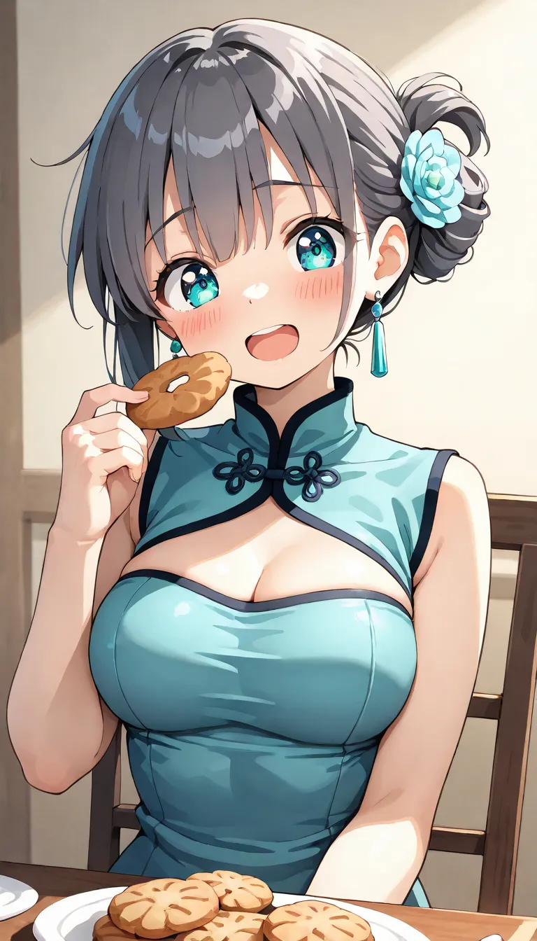 (masterpiece),8k,  (lovely), a girl, junior high school student, solo, (lovely), (dark charcoal gray hair, bob hairstyle),  (cool eyes, beautiful turquoise eyes :1.2), wearing detailed blue qipao , cute silver earrings,    ((middle breasts)), made with ani...