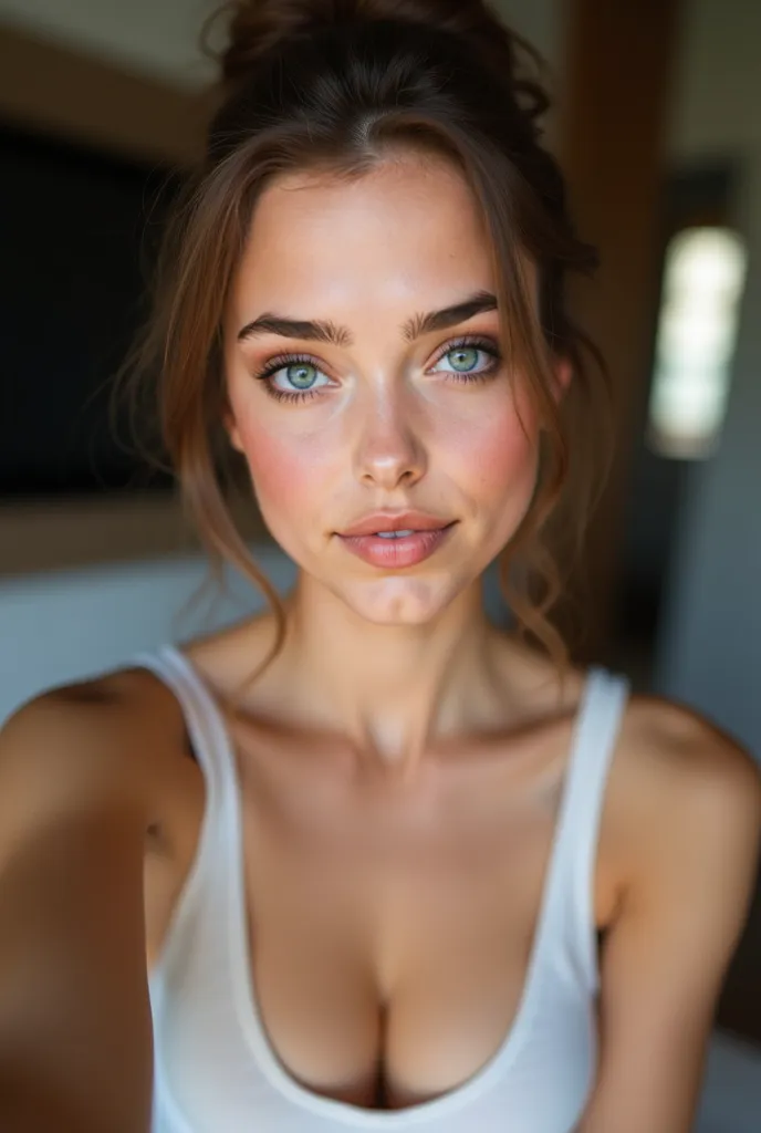 Create an Interior Selfie of a 20-year-old Slavic girl wearing a top that highlights her beautiful breasts. Her hair is pulled back into a bun, taken with a low-quality phone camera. High-resolution skin detail: visible pores, fine wrinkles, natural highli...