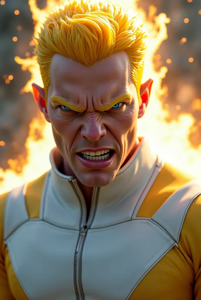 Anime Homelander Wearing white clothes and yellow hair And angry and his eye flashes the laser