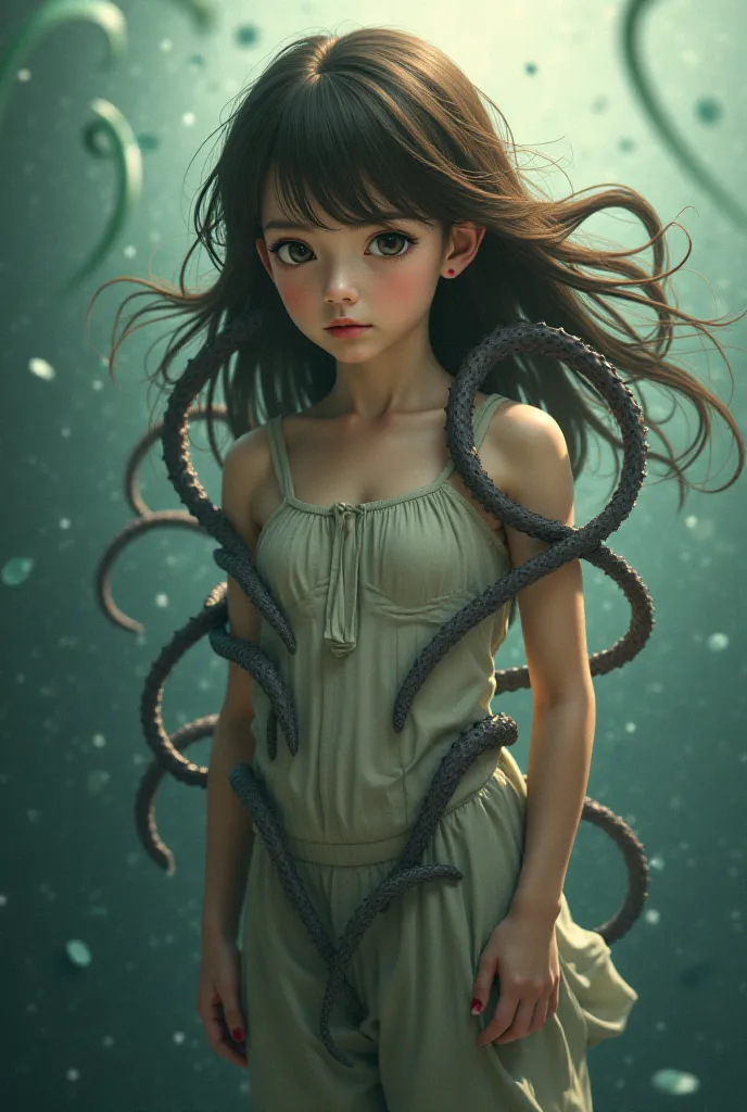 A girl with brown hair a black Situagorhe who gets tentacles in the buttocks 
(Anime version)
