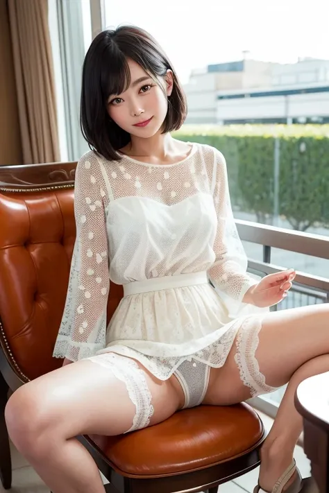 (High Definition), Lady, Japan Person, Cute, Black Hair Short, wearing Floral Dot Print Round Neck Short Bubble Sleeve Blouse, Flair Long Skirt Solid Color,Trad Style For Female,  Glance, Straddling Chair, Leaning back pose, (Spread legs to show her pantie...