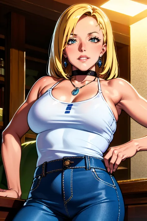 the best quality, high resolution, 1 girl, (huge breasts:1.2), Tsunade,  by the blond hair, mature women, blue pants, green shelter, Chest bandage,  smile