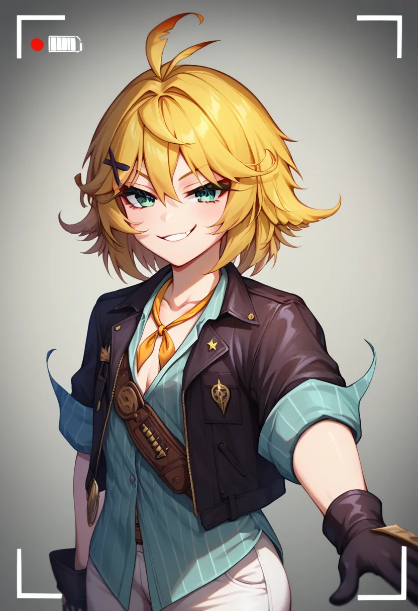 masterpiece, best quality, detailed eyes, detailed face, detailed skin, vivid eyes, score_9, score_8_up, score_7_up, full body shot, 1girl, solo, in recording studio, DokiBH, blonde hair, blue shirt, short hair, ahoge, (smug), x hair ornament, black jacket...