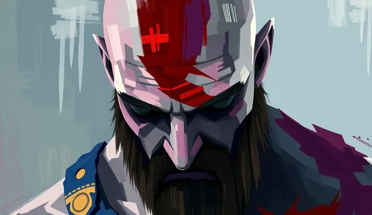 Kratos from God of War. His muscular physique, his red war paint cutting across his pale, scarred skin. His intense, piercing gaze conveys authority and an unshakable will. His posture is upright, firm, exuding absolute confidence.