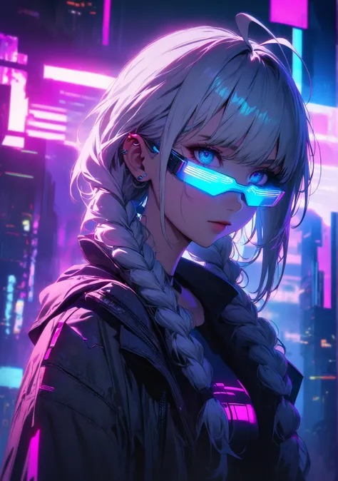 full body view, perfect anatomy, best quality,IA,CeVIO AI,1girl,solo,white hair,long hair,side twin braids,ahoge,blue eyes,cyberpunk glasses, led glasses,neon