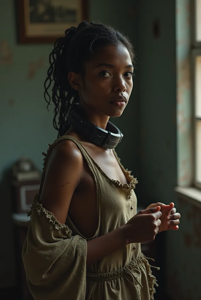 (photorealism:1.2), 2001 18-year-old legal Registered chattel African female house slave.  She wear permanent shockcollar with fridchip.  She wear slave dystopian clothes.  She is doing household chores 