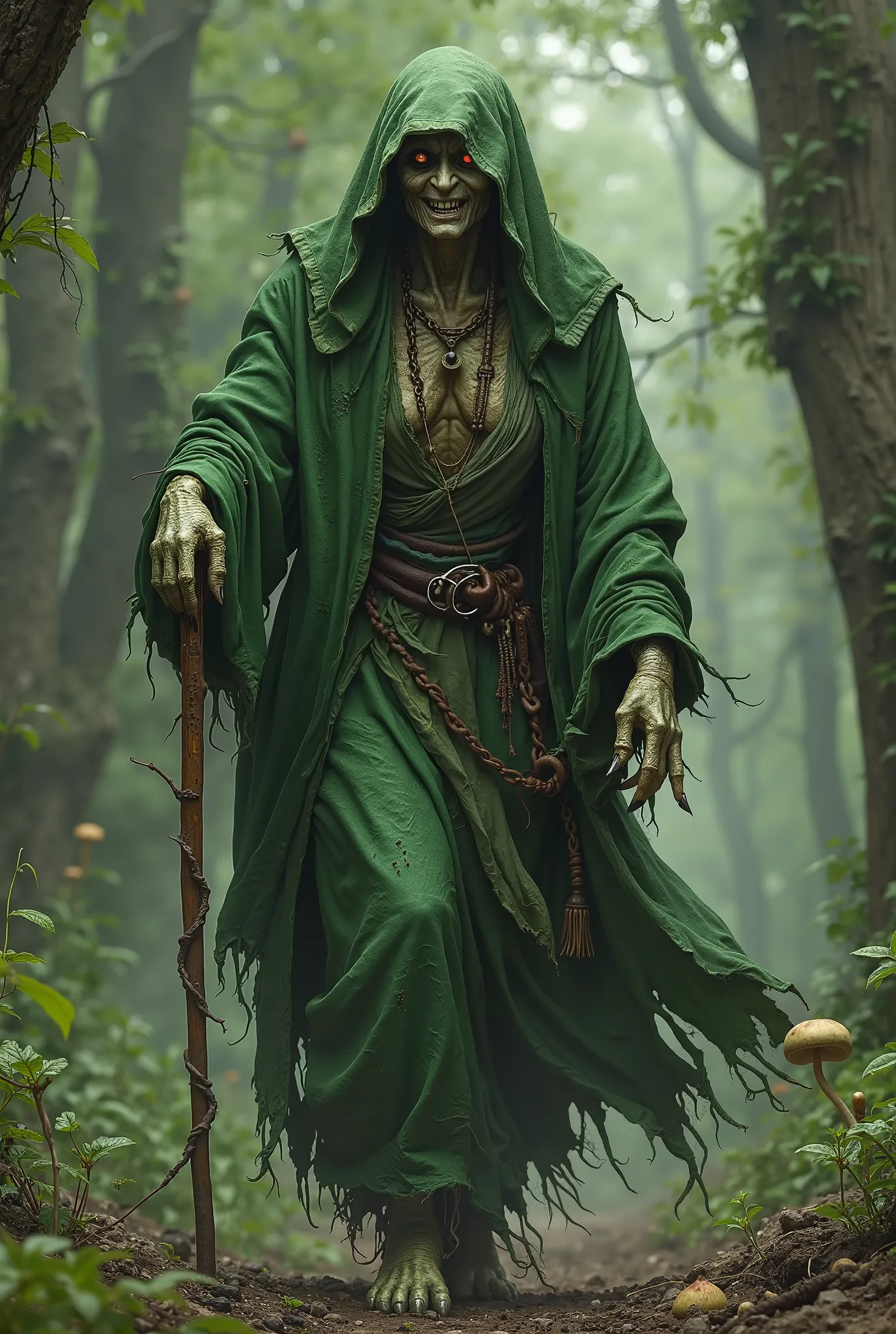 photorealism, she walks with a stick and has a drooping chest {x} a green rag in the Dnd 5 universe with pustules, sharp claws,  sharp teeth. she looks like a very old lady. She looks like a very old lady. she walks with a stick and has a drooping chest. s...