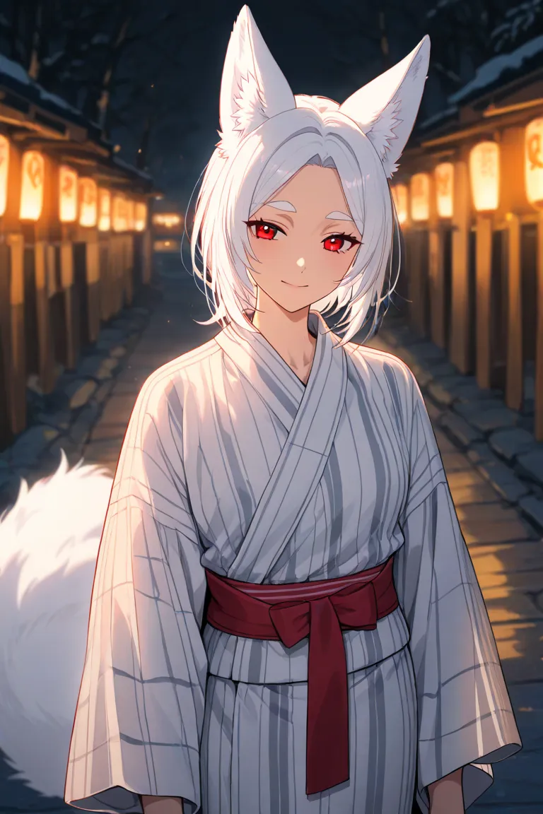 A 21-year-old woman, with snow-white hair, eyebrows and long fox ears, with bright red eyes, wearing a white yukata shirt, without a tail 