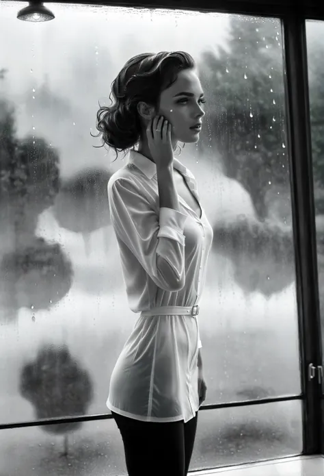 (best quality, 8k, team high resolution, Realistic: 1.2), ultra detailed view of a woman on a rainy day standing on her back with her hand resting on glass, looking out the window, ( Black and white: 1.5), hyper Realistic, HD ,  glass window texture , rain...