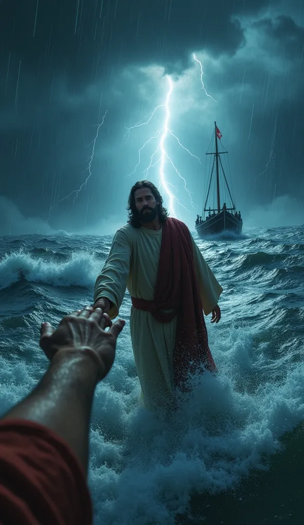 "A first-person perspective of me, as Peter, walking on the stormy sea at night. My arm is visible in the foreground, extended in a natural first-person angle, as Jesus firmly holds my arm beside me. Jesus is walking alongside me on the turbulent water, Hi...