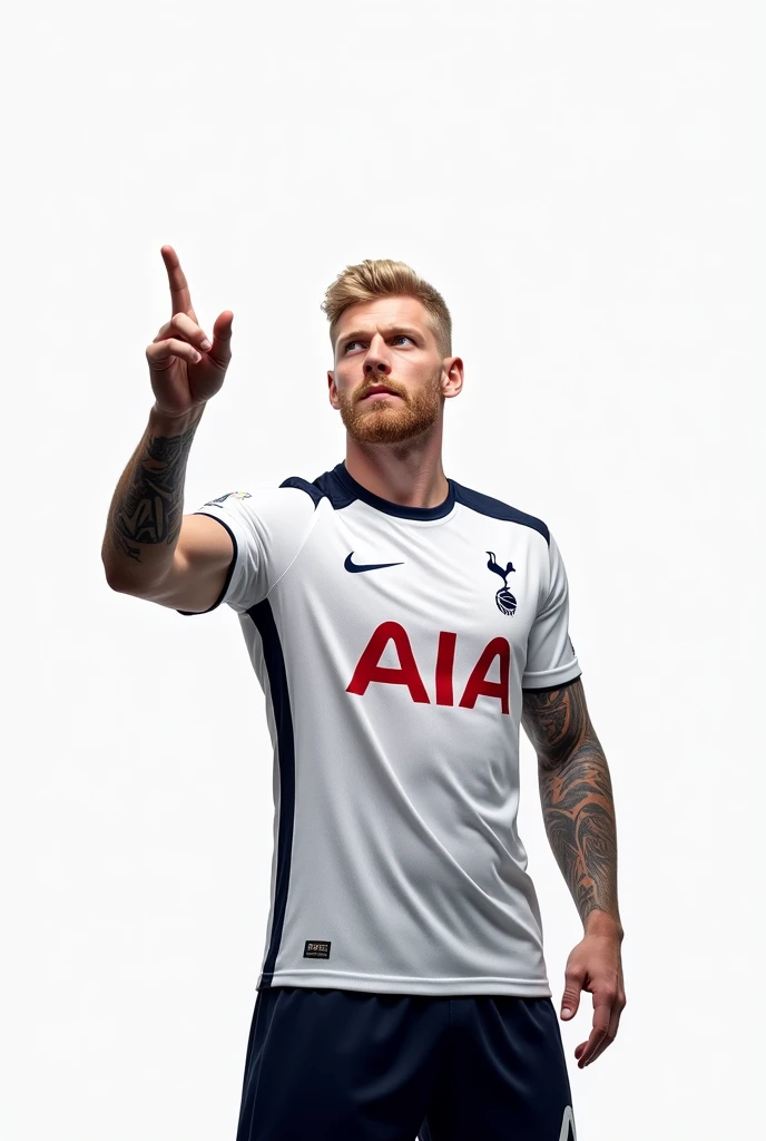 Matthew Noszka, muscular, very white skin, short blond hair short curls, short square cut beard, with tattoos of blue and black butterflies all over his body up to his neck.wearing a white Tottenham Hotspur football shirt and navy blue Tottenham Hotspur sh...