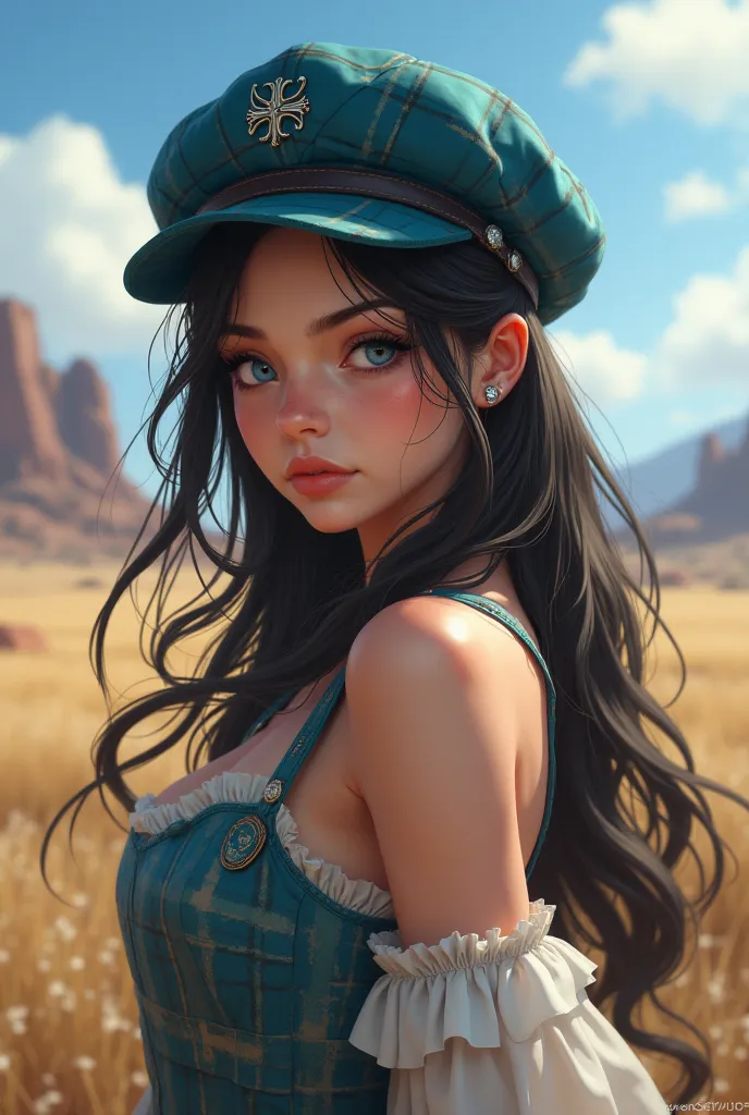 Anime woman with long dark hair, beautiful blue eyes, sweet face, pinkish white skin, wearing a blue-green plaid Newsboy hat, wearing a cowgirl dress behind the scenedreddead redemtion2