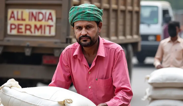 A man in a bright pink shirt and a green checked headscarf is seen pushing large white sacks on a street. He has a serious expression on his face, reflecting determination as he works. In the background, a truck with a wooden cargo area and a faded ALL IND...