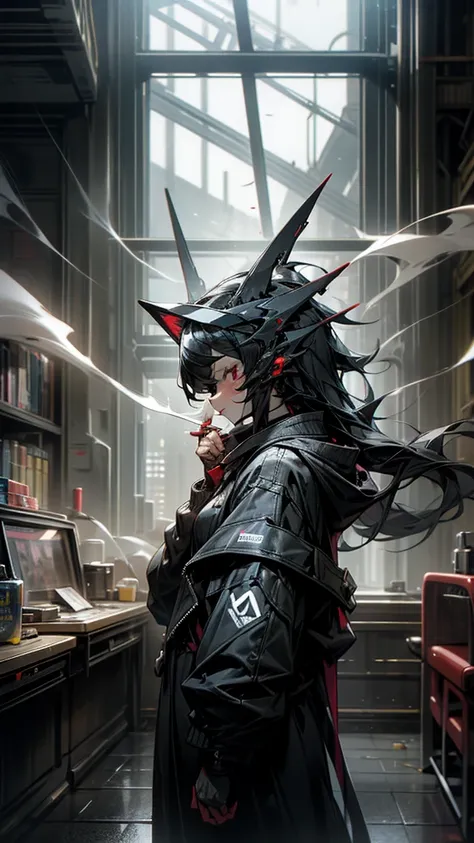 Protogen, protogen visor, protogen face, furry, cyberpunk, steel sirens, r17329_illu, masterpiece, newest, absurdres, incredibly absurdres, 1girl, solo, long hair, smoking, red eyes, cigarette, smoke, window, black hair, jacket, from side, off shoulder, ba...