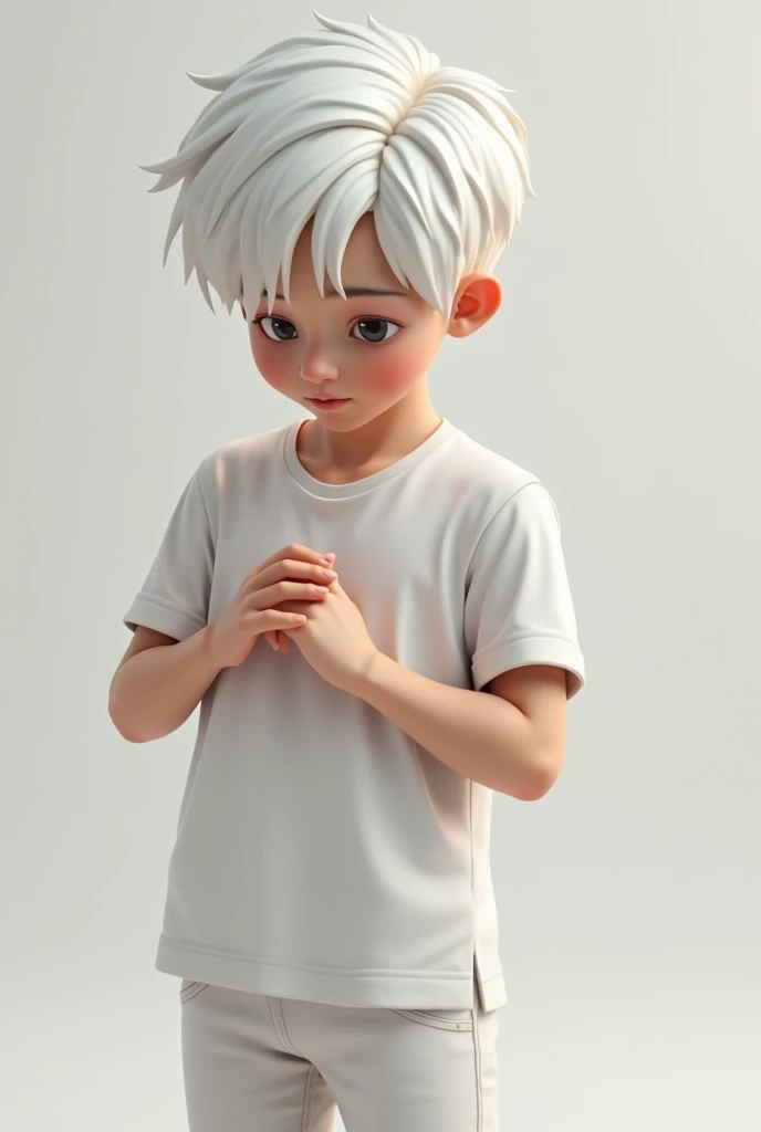 A Roblox body that is a white-haired boy white shirt that looks at the muscles and white pants 