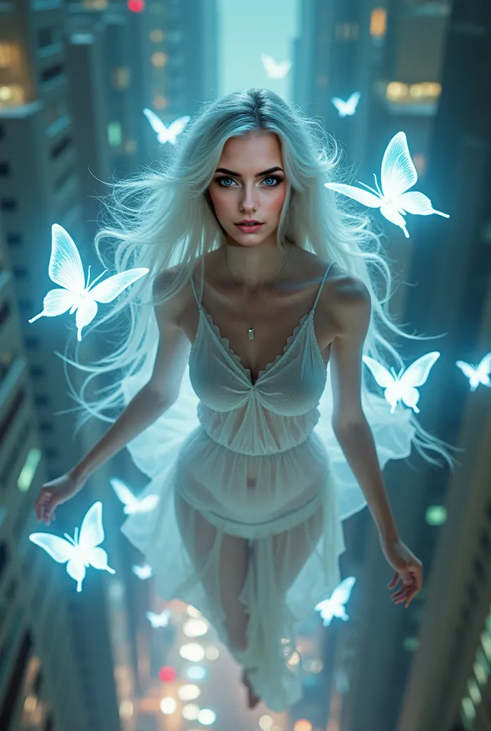 A beautiful Instagram model with long white hair and green eyes floats above a cityscape at night, surrounded by holographic butterflies made of pure light.