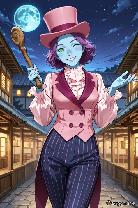 triton, solo, female, blue skin, lavender colored hair, freckles, (wearing a large pink silk top hat), green eyes, (wearing a pink vest), [[a ruffled colonial white shirt underneath the pink vest]], red colonial era cravat with embeded gem,  top hat fit sn...