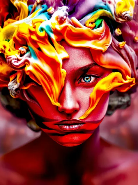 photorealistic, hyper detailed female face of smoke and red, yellow, and silver color. Added in a style reference, a composition reference, Hyper realistic, splash images, splattering, Fauvism, Geometric, Marble. 