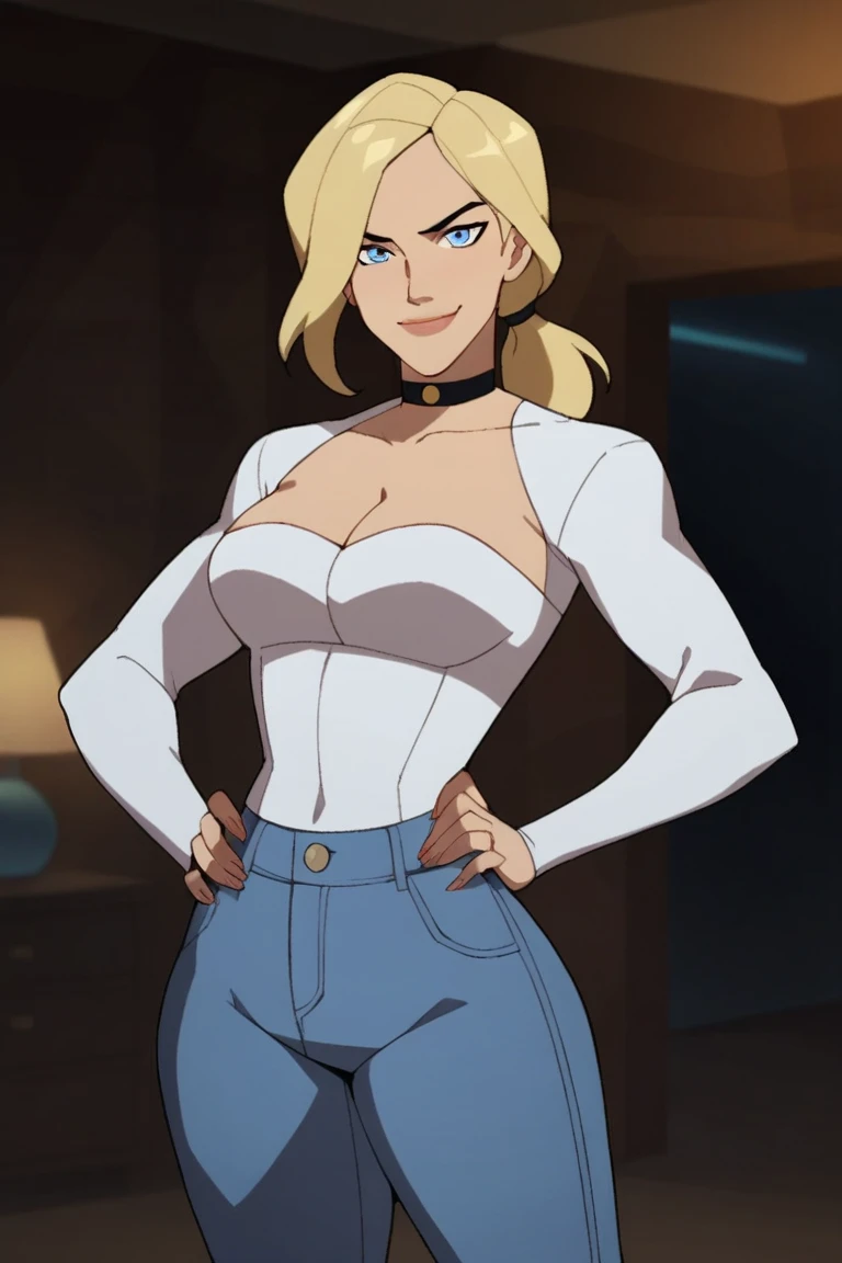 score_9, score_8_up, score_7_up, source_cartoon,black canary, blue eyes, blonde hair, wavy mid-ponytail , large breasts, light blue jeans, light blue tube top, choker, cleavage,   BREAK standing, looking at viewer, smiling, closed mouth, confident expressi...