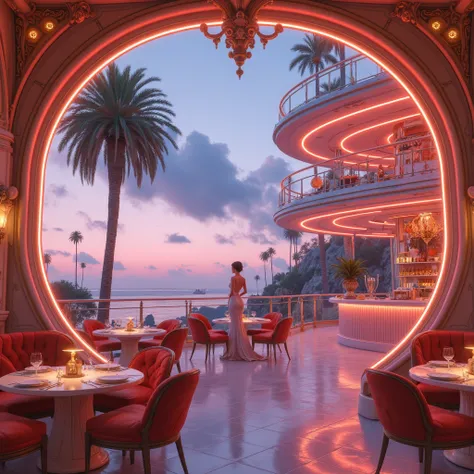 Elegant large restaurant with mezzanine in pastels colors ambience inspired by Denis Fremont, with a elegant woman in first plan, Denis Fremont masterpiece, in style of retro futurism, at night with with bayside and palms, cinematic lighting, high details,...