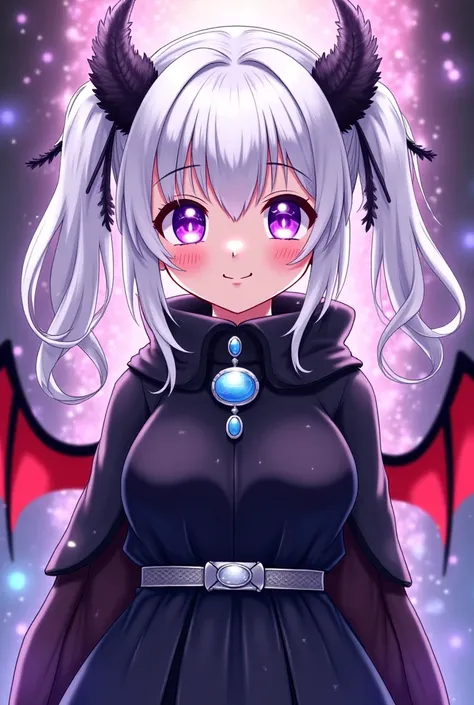 This character is made in anime style and has the following traits:

 hair: long, white or silver, with two thin pigtails on the sides.

eyes: bright, purple color, with energetic or magical with a glow.

 Clothes: A dark cloak or high-necked cape, decorat...