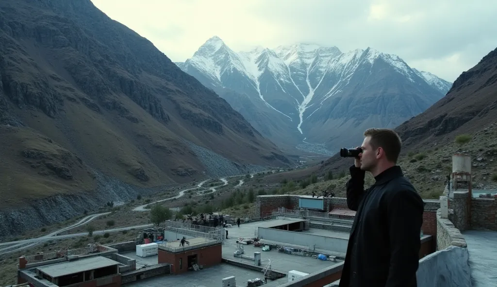 Prompt: Wide-angle drone shot of a covert training facility in the mountains, where elite operatives are being trained. Cut to Bourne watching from a rooftop through binoculars.