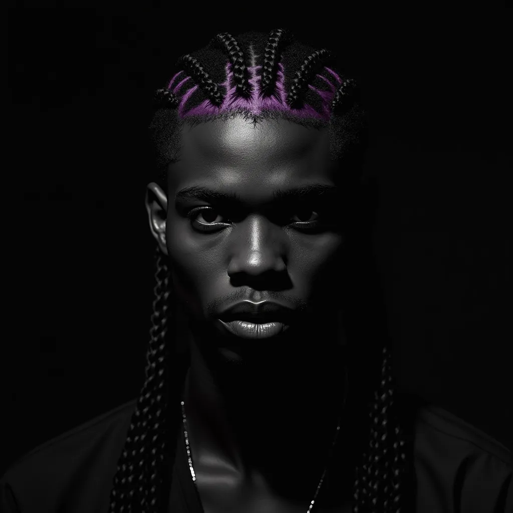 "A high-contrast black and white portrait of a Black male model with intricate zig-zag cornrows featuring deep purple mechas. The monochrome palette enhances the texture and artistry of the braids, creating a timeless, sculptural effect. His expression is ...