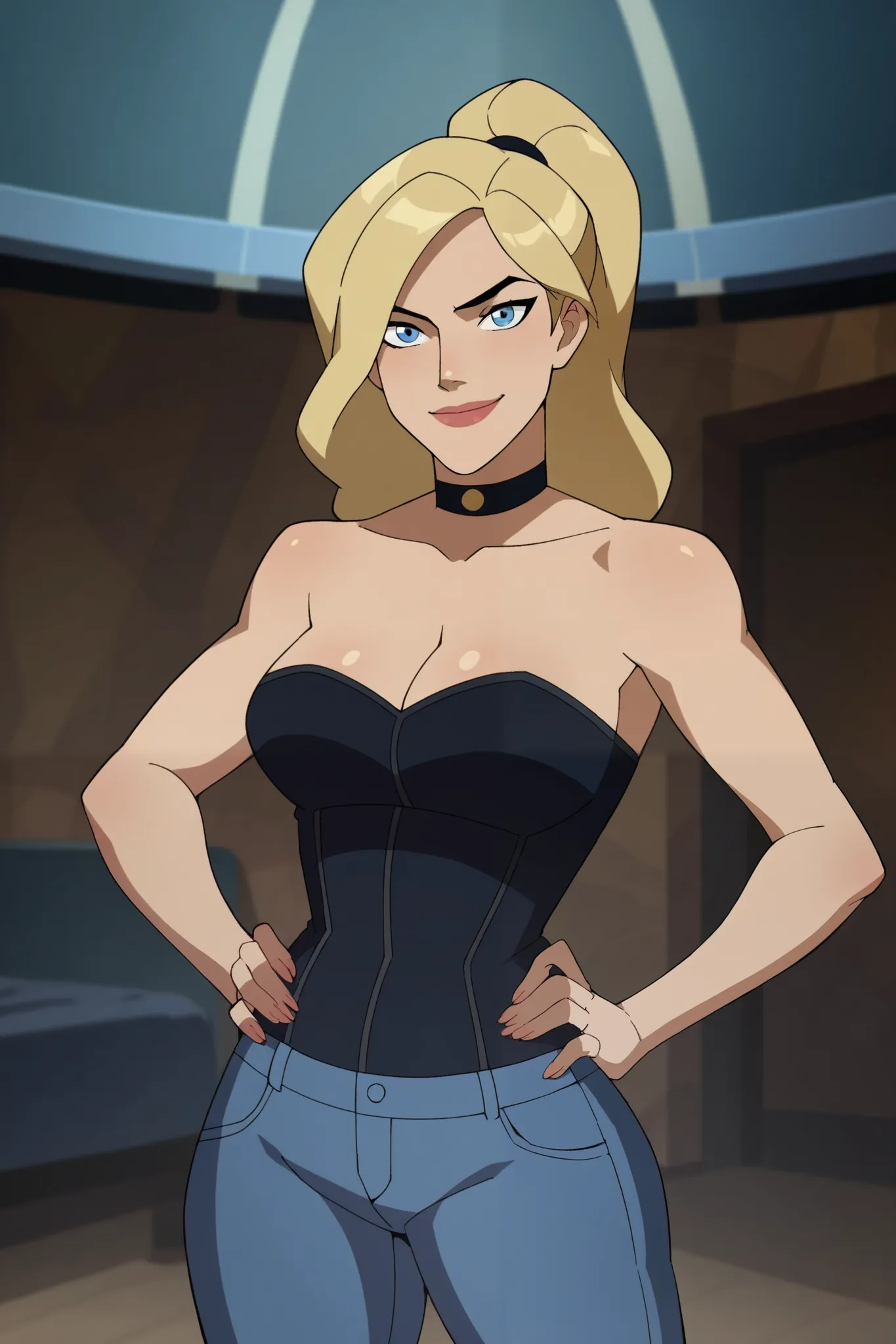 score_9, score_8_up, score_7_up, source_cartoon,black canary, blue eyes, blonde hair, wavy mid-ponytail , large breasts, light blue jeans, light blue tube top, choker, cleavage,   BREAK standing, looking at viewer, smiling, closed mouth, confident expressi...