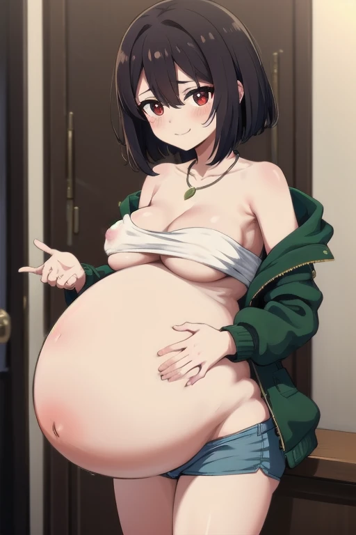 SS CHARA, BANGS, RED EYES, BROWN HAIR, HAIR BETWEEN EYES, SHORT HAIR, BOB CUT, BARE SHOULDERS, JEWELRY, NECKLACE, DRESS, CLEAVAGE, GREEN JACKET, WHITE UNDERSHIRT, BLACK SHORT SHORTS, 1girl, solo, upper body, facing viewer, looking at viewer, smile, pregnan...