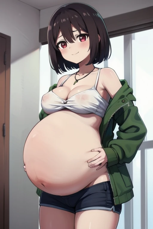 SS CHARA, BANGS, RED EYES, BROWN HAIR, HAIR BETWEEN EYES, SHORT HAIR, BOB CUT, BARE SHOULDERS, JEWELRY, NECKLACE, DRESS, CLEAVAGE, GREEN JACKET, WHITE UNDERSHIRT, BLACK SHORT SHORTS, 1girl, solo, upper body, facing viewer, looking at viewer, smile, pregnan...