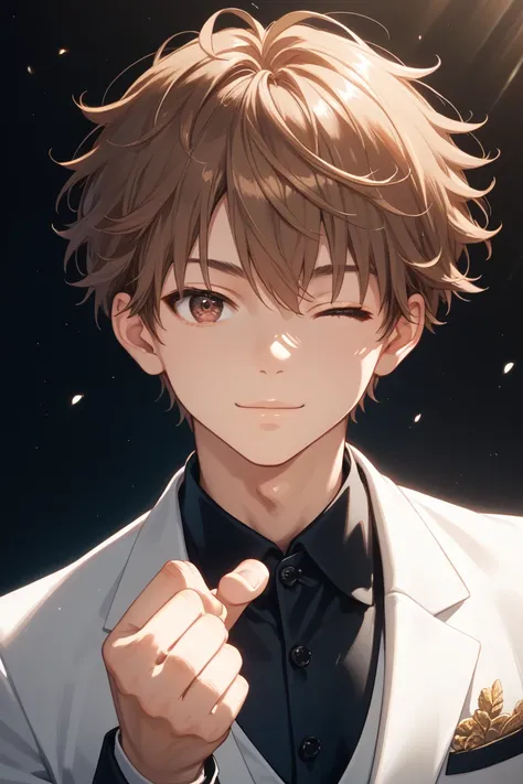 man, delightful, grinning, wink, making a fist, looking at viewer, looking to the right, short hair, hair covering eyes, brown hair, brown eyes, slant eyes, tall, suit, 20-year-old, slender, light atmosphere, cel anime, soft lines, soft surface, upper body...