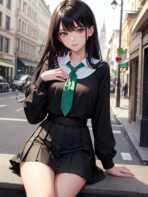 ( Masterpiece , best quality,    Lots of Details ),   1 girl, day, street,  hand on thigh, pose looks at the viewer ,  green shirt  , pleated skirt,  black skirt,  Black knee socks, (  white neckerchief ), long sleeves, dynamics,  movement 