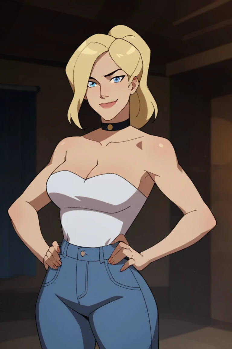 score_9, score_8_up, score_7_up, source_cartoon,black canary, blue eyes, blonde hair, wavy mid-ponytail , large breasts, light blue jeans, light blue tube top, choker, cleavage,   BREAK standing, looking at viewer, smiling, closed mouth, confident expressi...