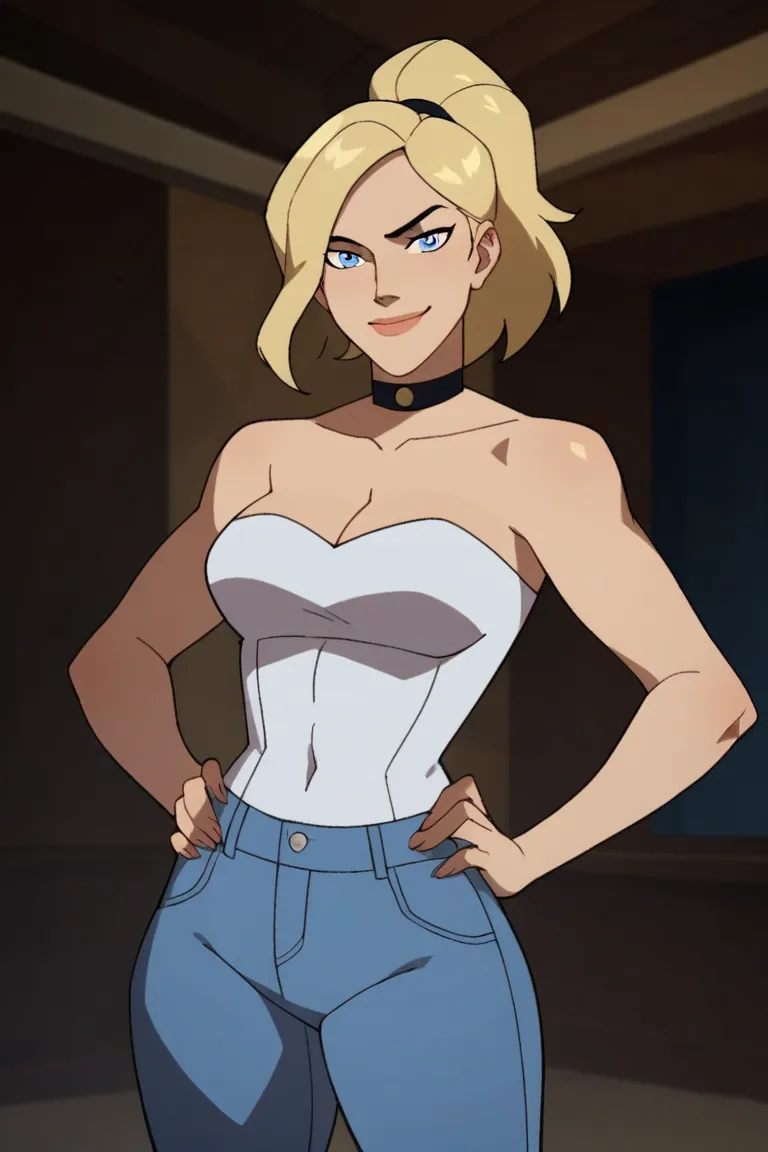 score_9, score_8_up, score_7_up, source_cartoon,black canary, blue eyes, blonde hair, wavy mid-ponytail , large breasts, light blue jeans, light blue tube top, choker, cleavage,   BREAK standing, looking at viewer, smiling, closed mouth, confident expressi...