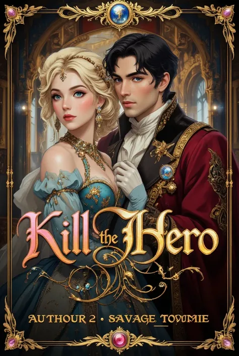 An otome book cover of a beautiful 17-year-old rainasances princess with blond hair beautiful blue eyes (she is a Korean villainess) ahe is wearing extravagant ball gown decorated with diamonds and beautiful gloves and beside her is a 18 years old duke wit...