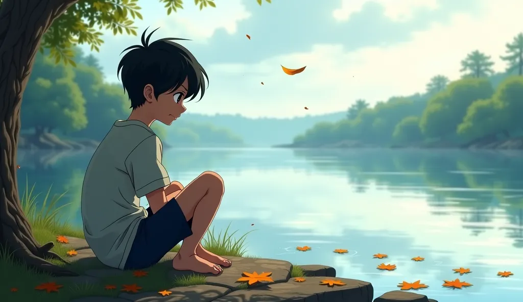 (Highest quality, masterpiece, High resolution)、4K Anime Art、Soft Light, A young boy sits alone by the river, looking unsatisfied and lost in thought. His posture is slouched, and his eyes reflect deep sadness. The gentle flow of the river contrasts with h...