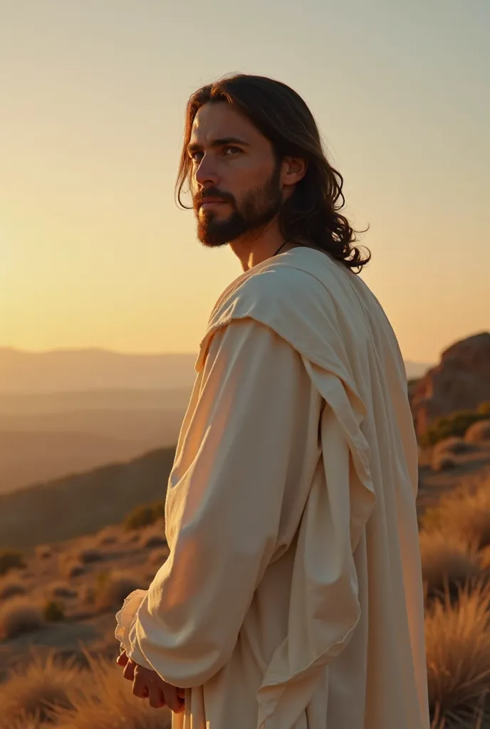 Jesus, looking sideways towards you, wearing a white tunic, his presence transforms the environment, late in the evening making the landscape even more interesting. Jesus has human features, and the image was taken with a high-resolution camera