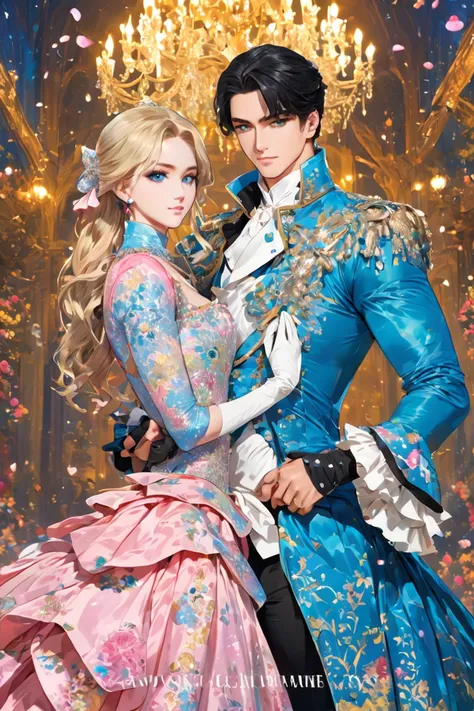 An otome book cover of a beautiful 17-year-old rainasances princess with blond hair beautiful blue eyes (she is a Korean villainess) ahe is wearing extravagant ball gown decorated with diamonds and beautiful gloves and beside her is a 18 years old duke wit...