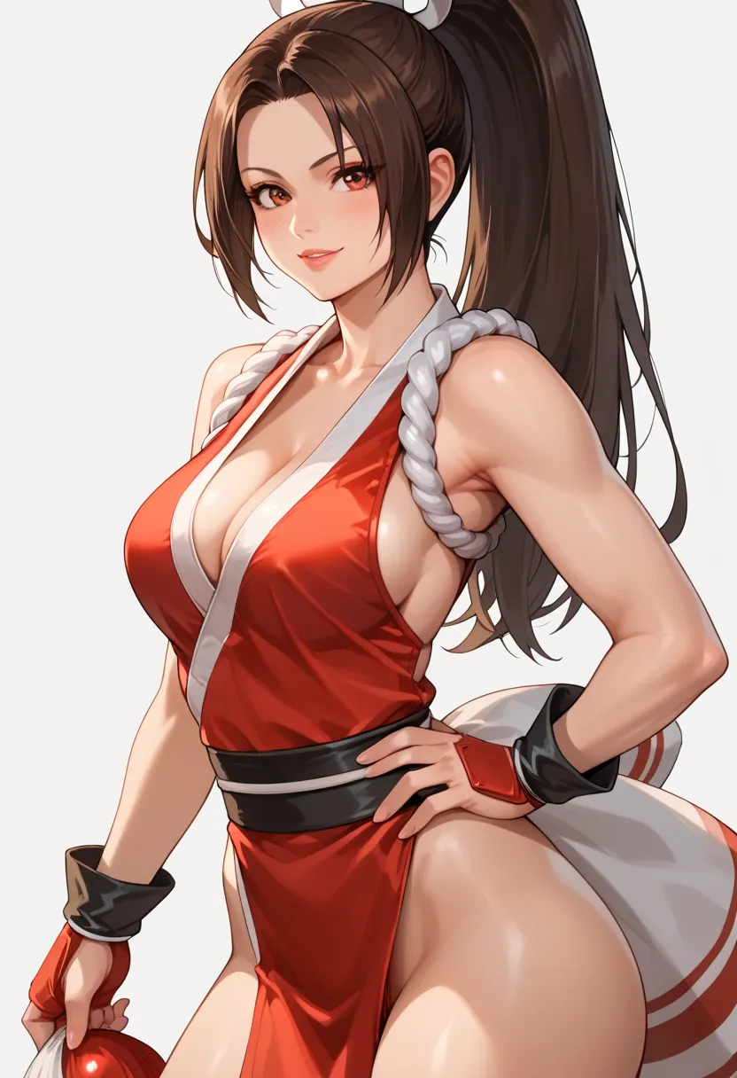 masterpiece , Contact , realistic photo , Sacimaer , vibrant colors , light-dark lighting , with cannabis theme , 1 woman, Mai Shiranui ((King of Fighters))) long hair , brown hair, brown-eyed , Blush , thick thighs , standing ,pose sexy, flirt, seductive ...