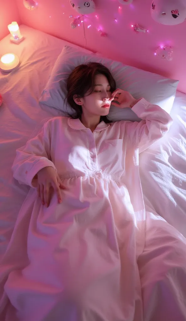 A beautiful Korean girl with a plump body and big breasts, wearing a thin dark white singlet nightgown, sleeping on her side on a bed in a Hello Kitty-themed room with a dim atmosphere, (best quality,4k,8k,highres,masterpiece:1.2),ultra-detailed,(realistic...