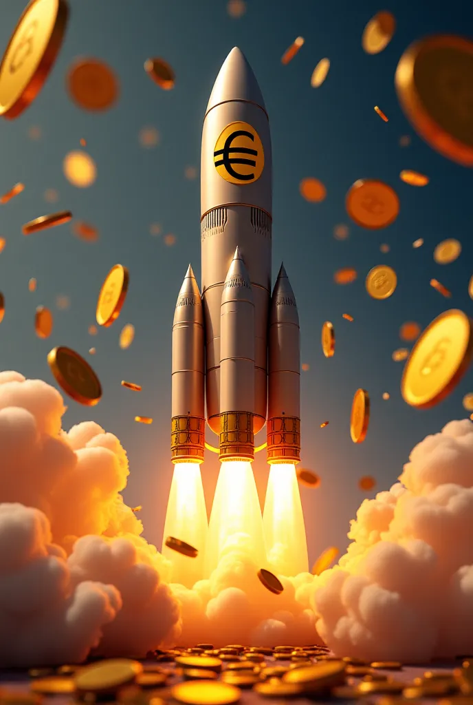 rocket with € EURO SIGN, with background with euro coins