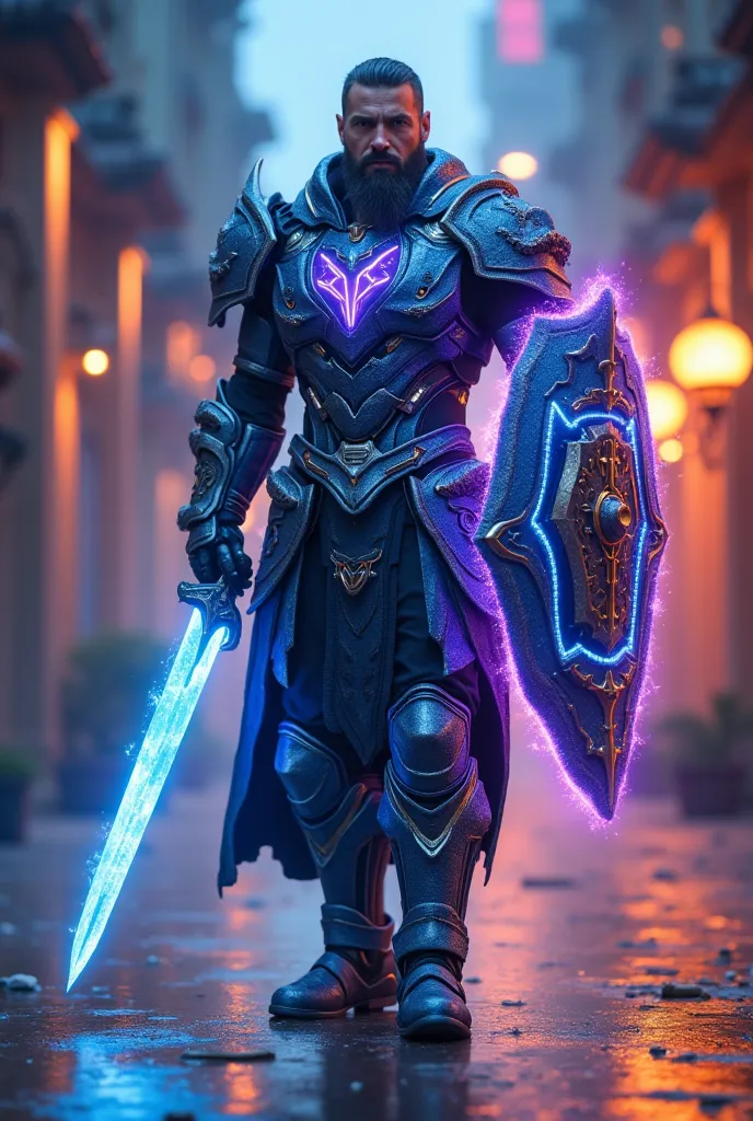 Full body shot of a male warrior wearing a hi tech, cibernetic, futuristic, blue, violet and orange mixed glowing plasma energy powerarmor, and his short beard glows trough the hi tech blue violet and orange mixed glowing plasma energy  Helmet, holding a g...