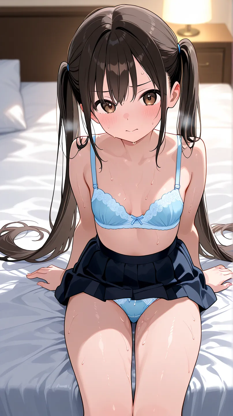  long twin tails、 small breasts、  cute bra、 Mini Skirt with Panties Visible、Panties are wet from sweat、on the bed