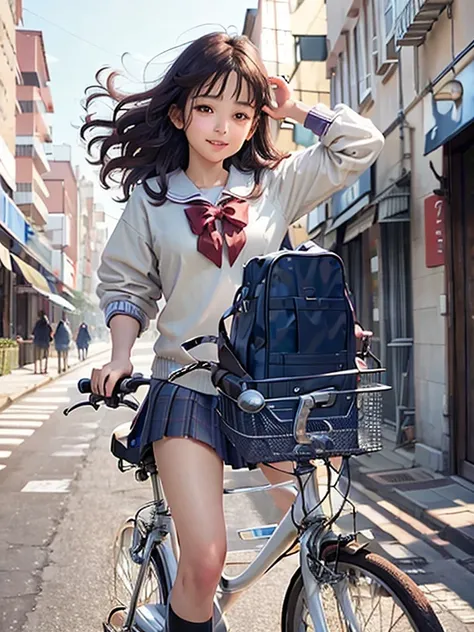 ( Masterpiece , Highest quality:1.2), Reality、One girl rides a bike, One、high school student、form、(in front)、empty background、white background、