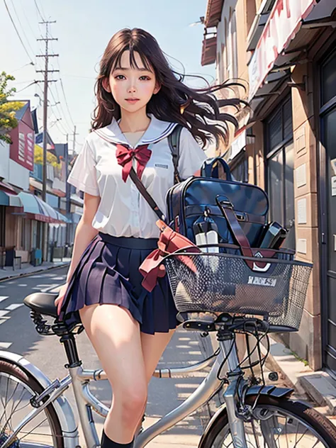 ( Masterpiece , Highest quality:1.2), Reality、One girl rides a bike, One、high school student、form、(in front)、empty background、white background、