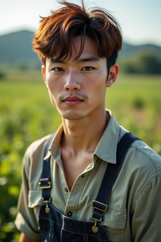 A young man of 20 years old, with very short brown hair, collarbone, per body, freckles, chestnut brown hair, very handsome. (Japan) Farmer, hot outfit, seductive portrait, perfect face