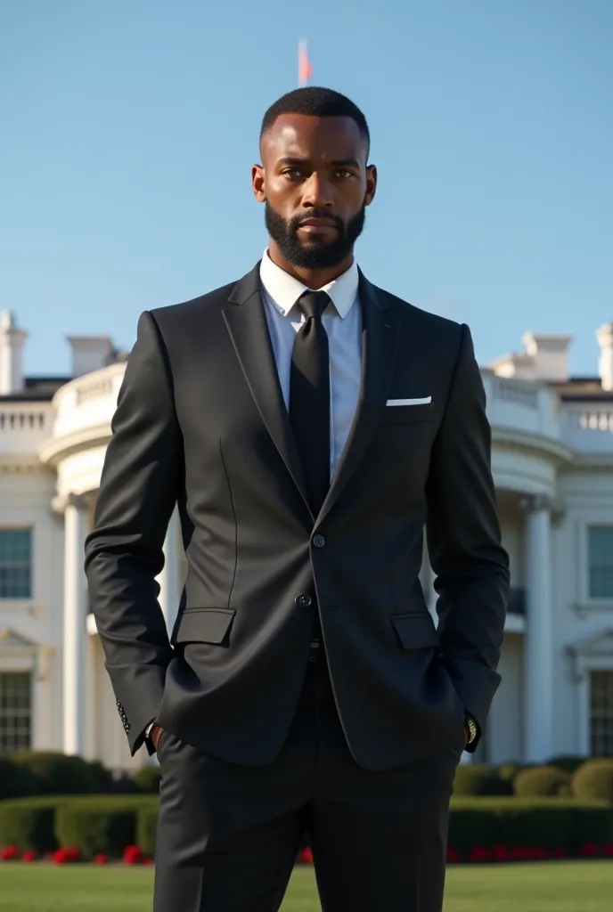 A black man of 1,75 sans barbe habits en tenue veste . The model is standing in front of the White House in the United States of America 