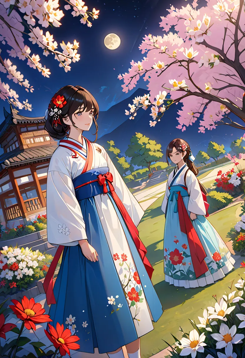 Highest quality, expensive_resolution,  clear_ images, detailed background , girls on the left, Hanbok,flower,garden,moon,   night ,Dutch Angle, wide shot,  crown,